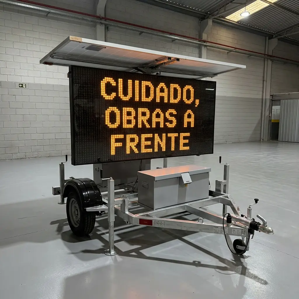 Painel de mensagem variável móvel exibindo Cuidado, obras à frente