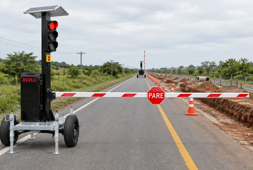 Semáforo móvel com cancela em obra de meia-pista