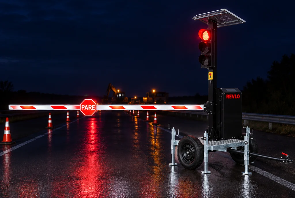Semáforo móvel com cancela fechada em rodovia